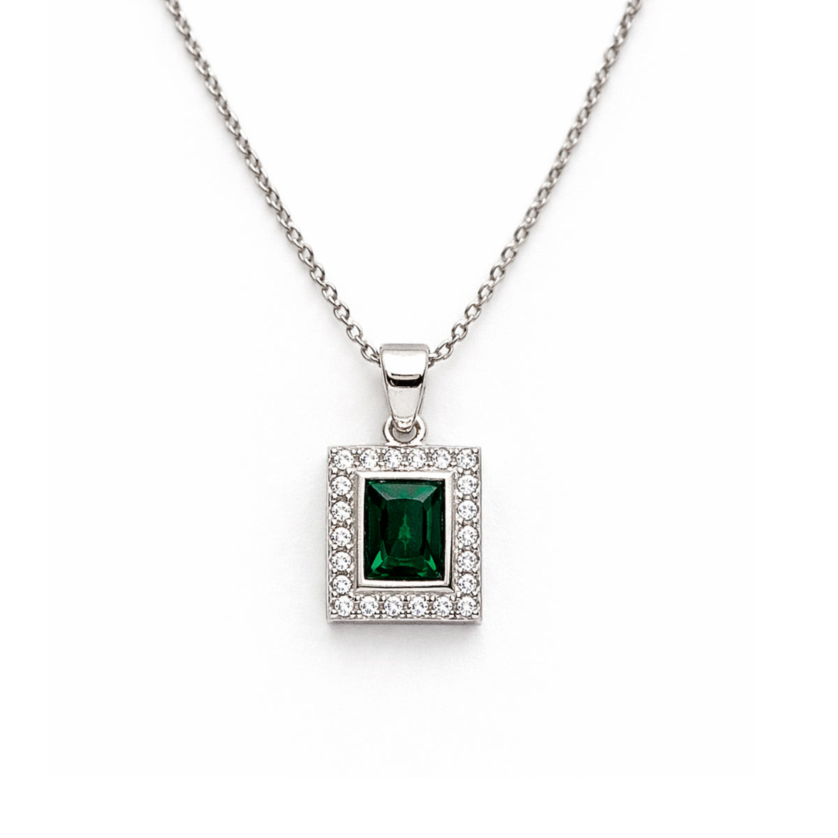 Silver Emerald & Zircon Rectangle Pendant + Chain