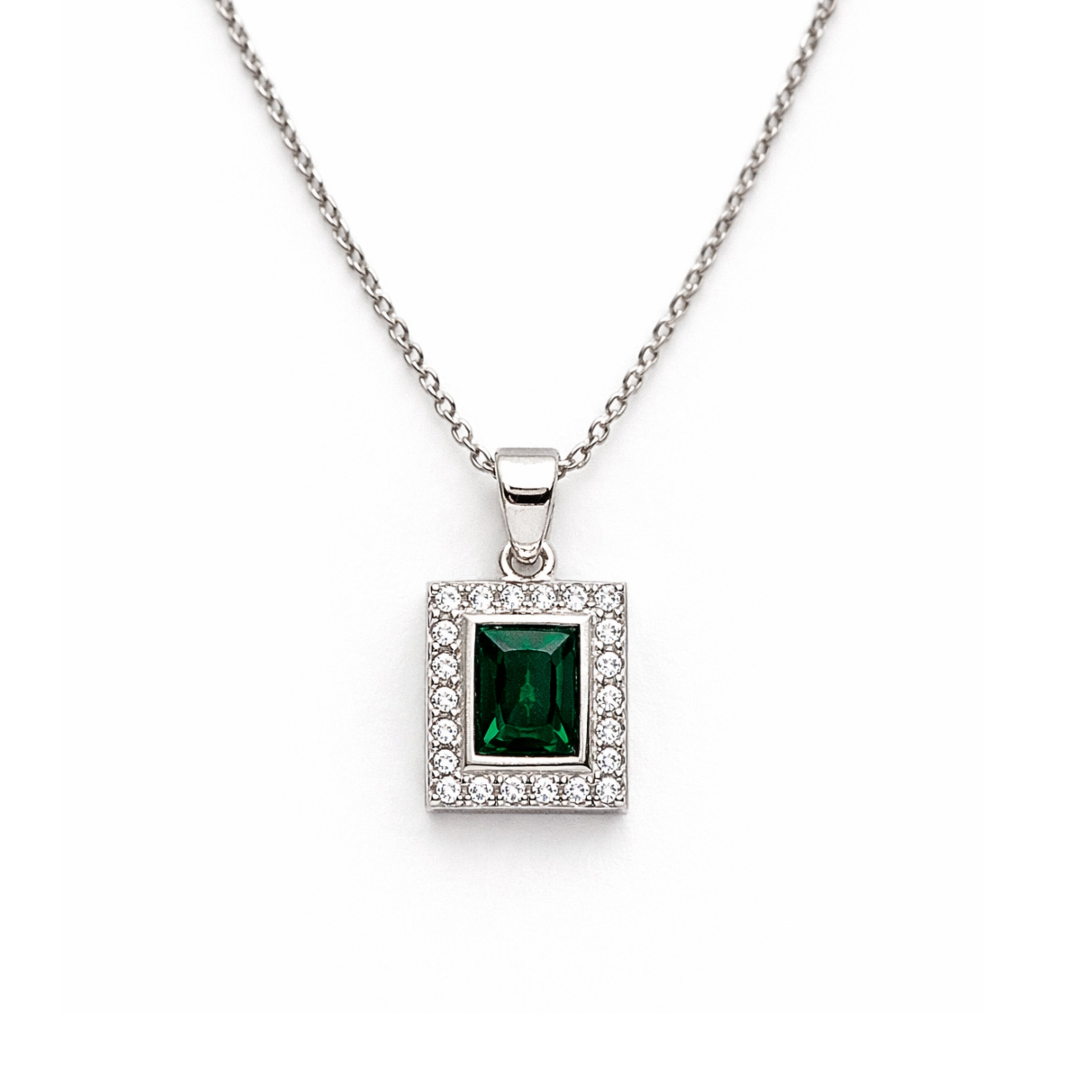 Silver Emerald & Zircon Rectangle Pendant