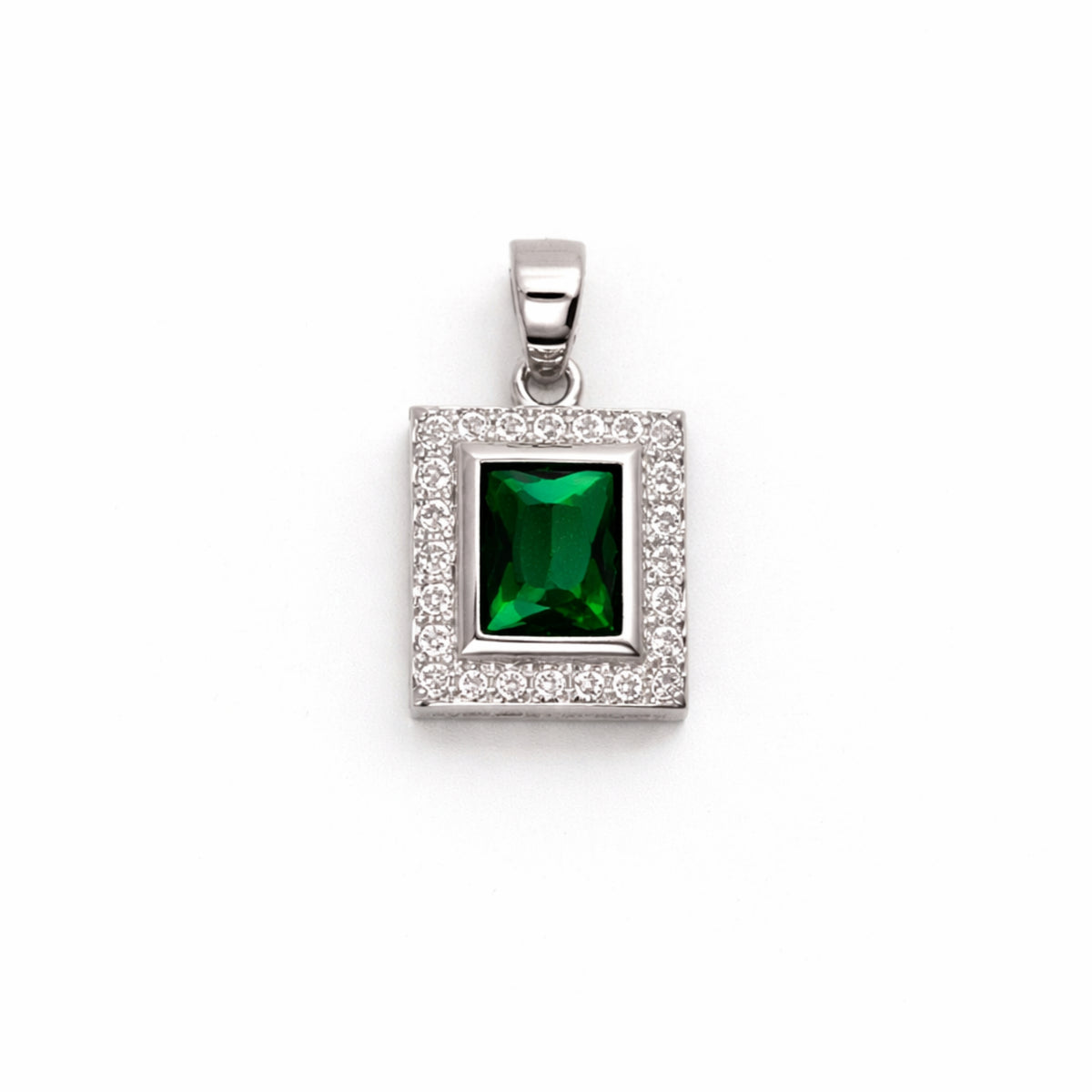 Silver Emerald & Zircon Rectangle Pendant + Chain