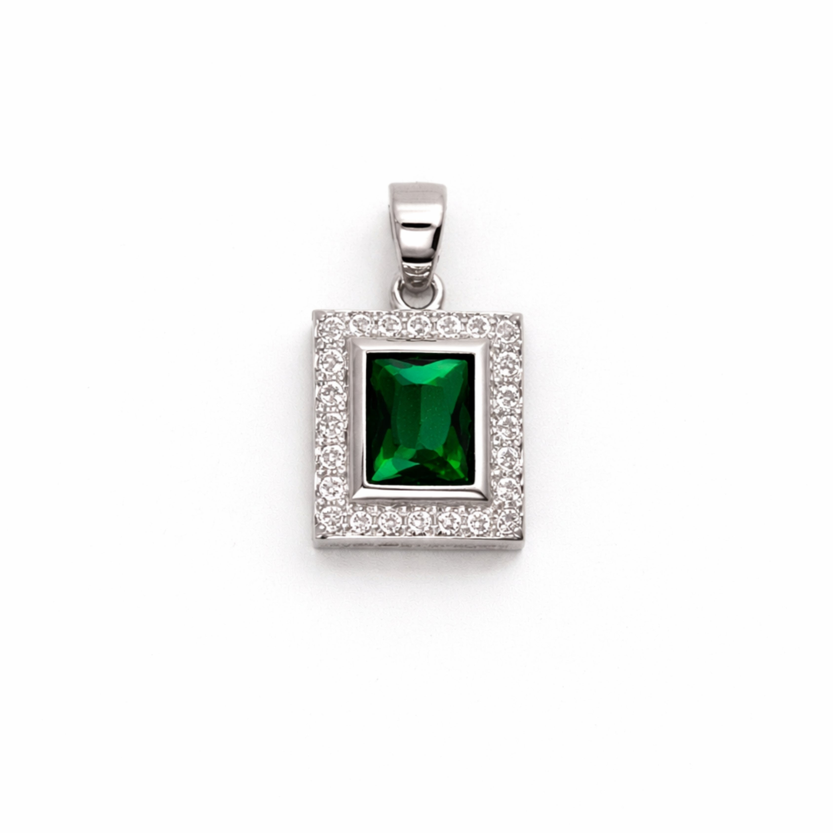Silver Emerald & Zircon Rectangle Pendant