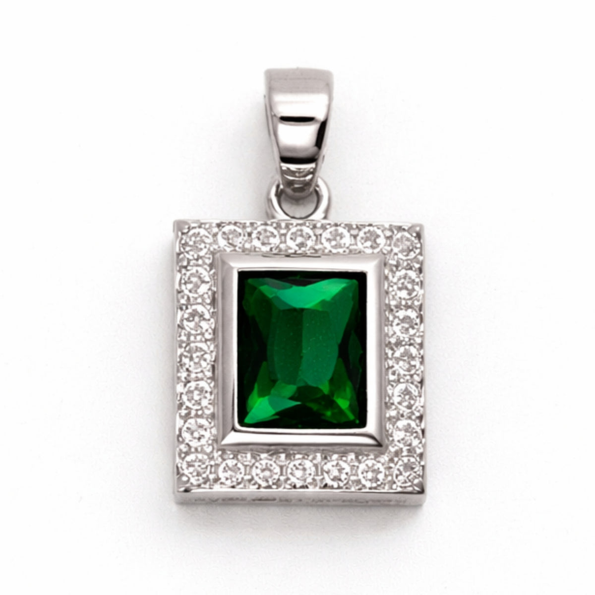 Silver Emerald & Zircon Rectangle Pendant + Chain