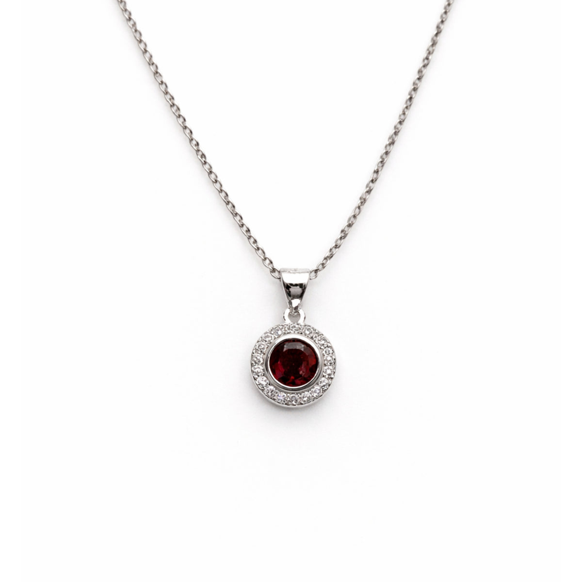 Silver Ruby & Zircon Round Pendant + Chain