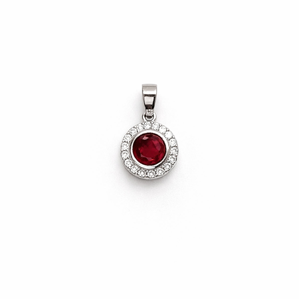 Silver Ruby & Zircon Round Pendant + Chain