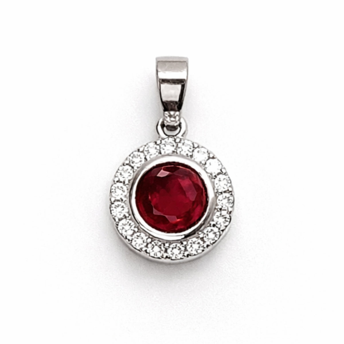 Silver Ruby & Zircon Round Pendant + Chain