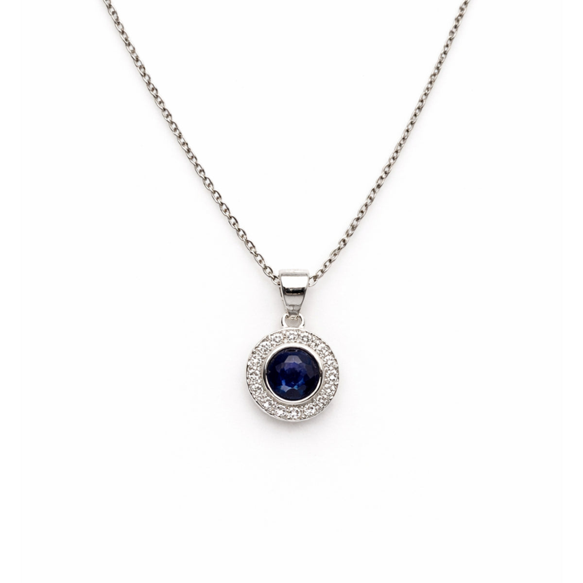Silver Sapphire & Zircon Round Pendant + Chain