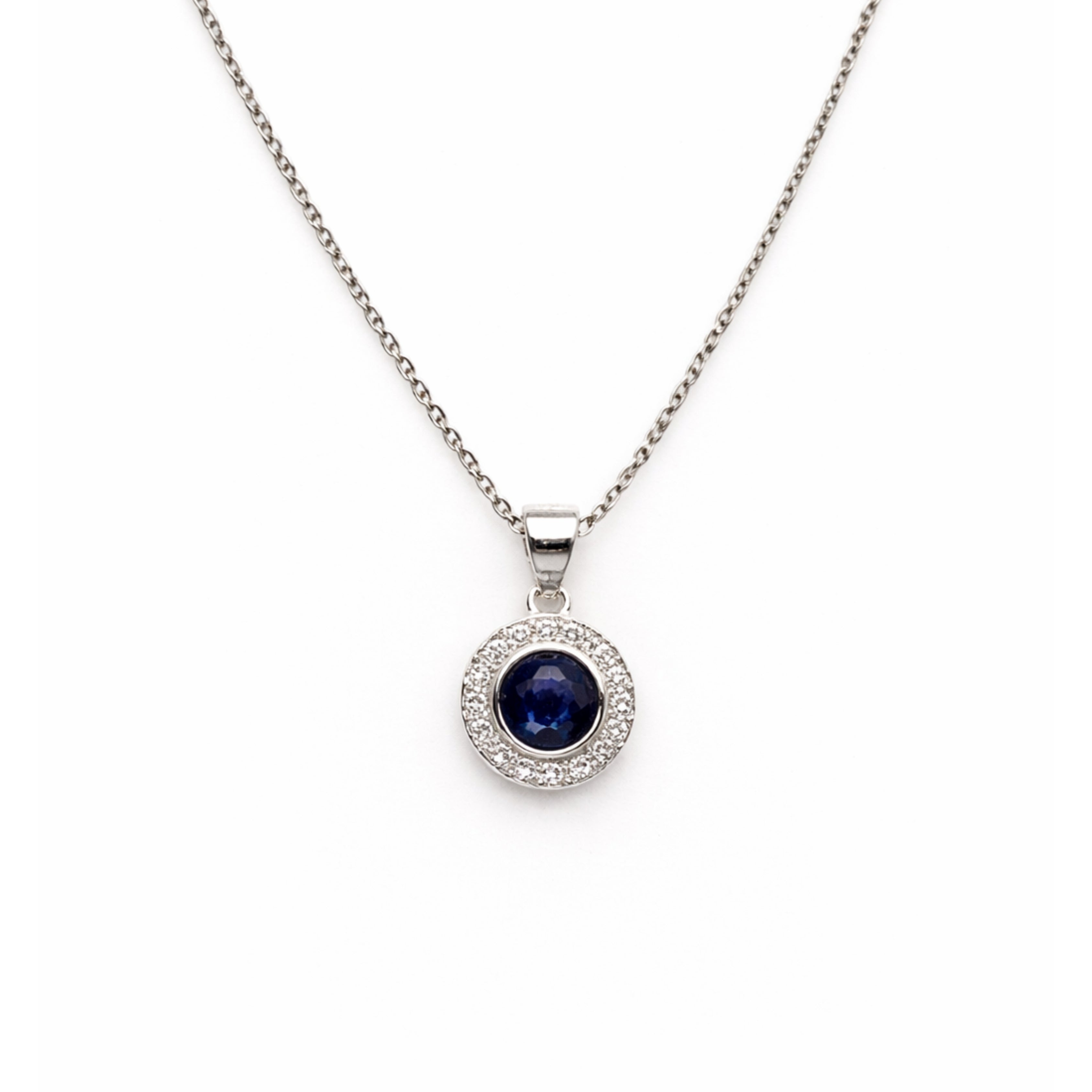 Silver Sapphire & Zircon Round Pendant