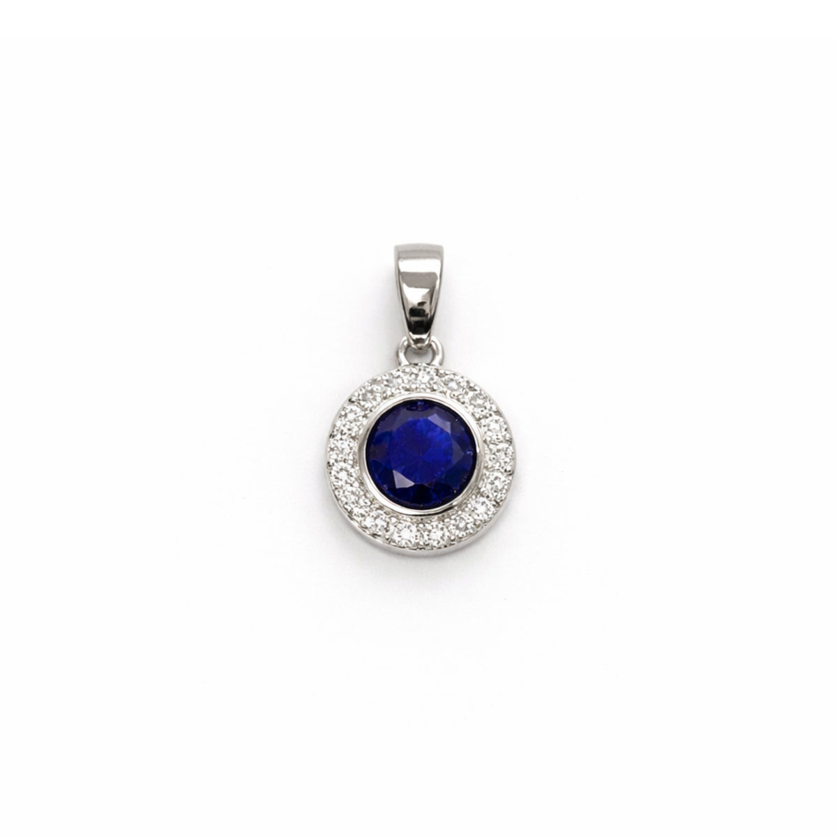 Silver Sapphire & Zircon Round Pendant + Chain