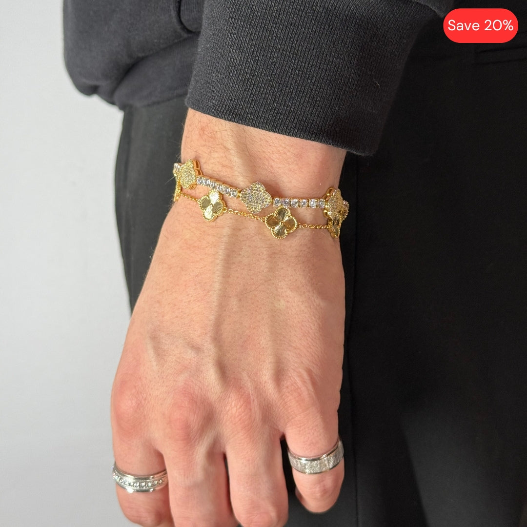 Clover Leaf Zircon Tennis Bracelet + Clover Bracelet Yellow Gold Plated