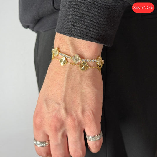 Bracelet de tennis en zircon et motif trèfle + Bracelet trèfle plaqué or jaune 