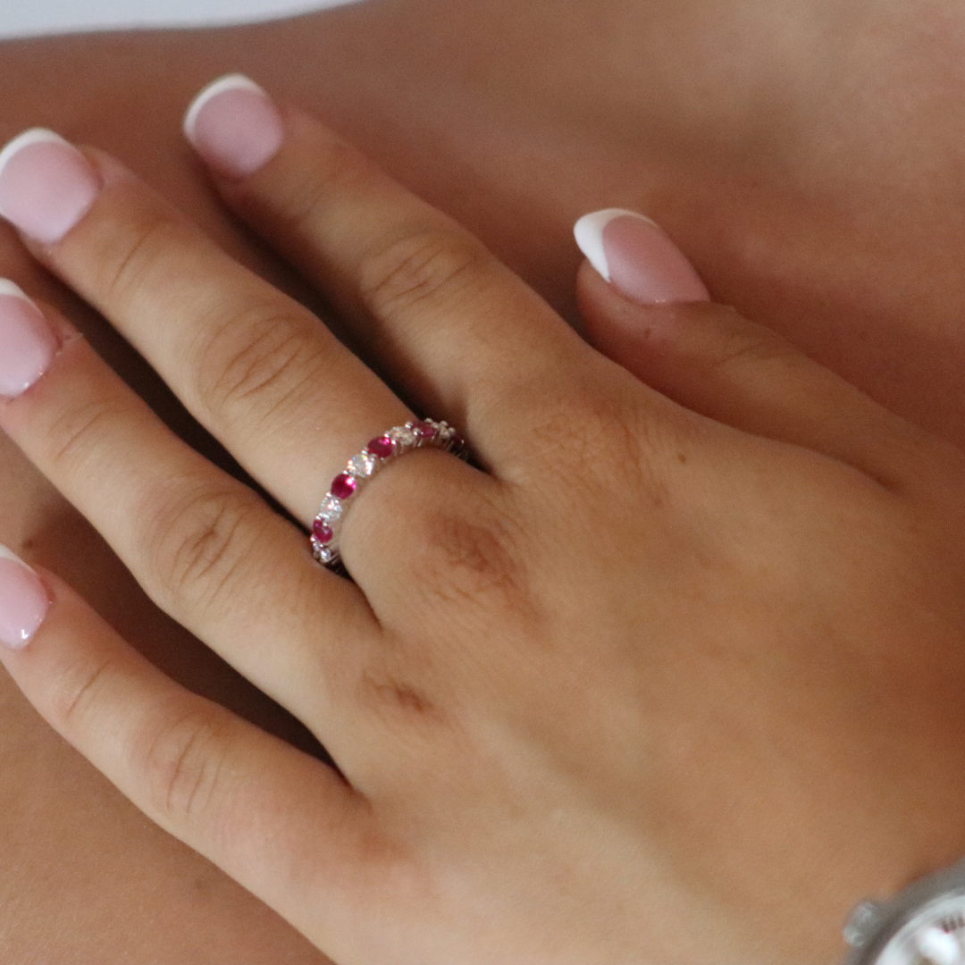 Silver Eternity Moissanite Lab Ruby Ring