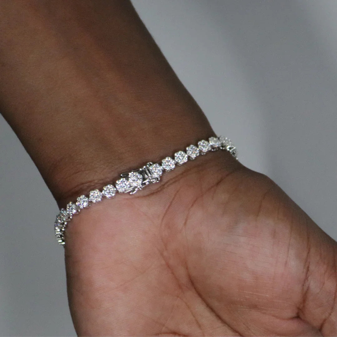 Flower Tennis Bracelet Rhodium Plated