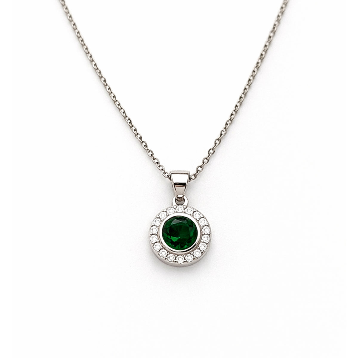 Silver Emerald & Zircon Round Pendant + Chain