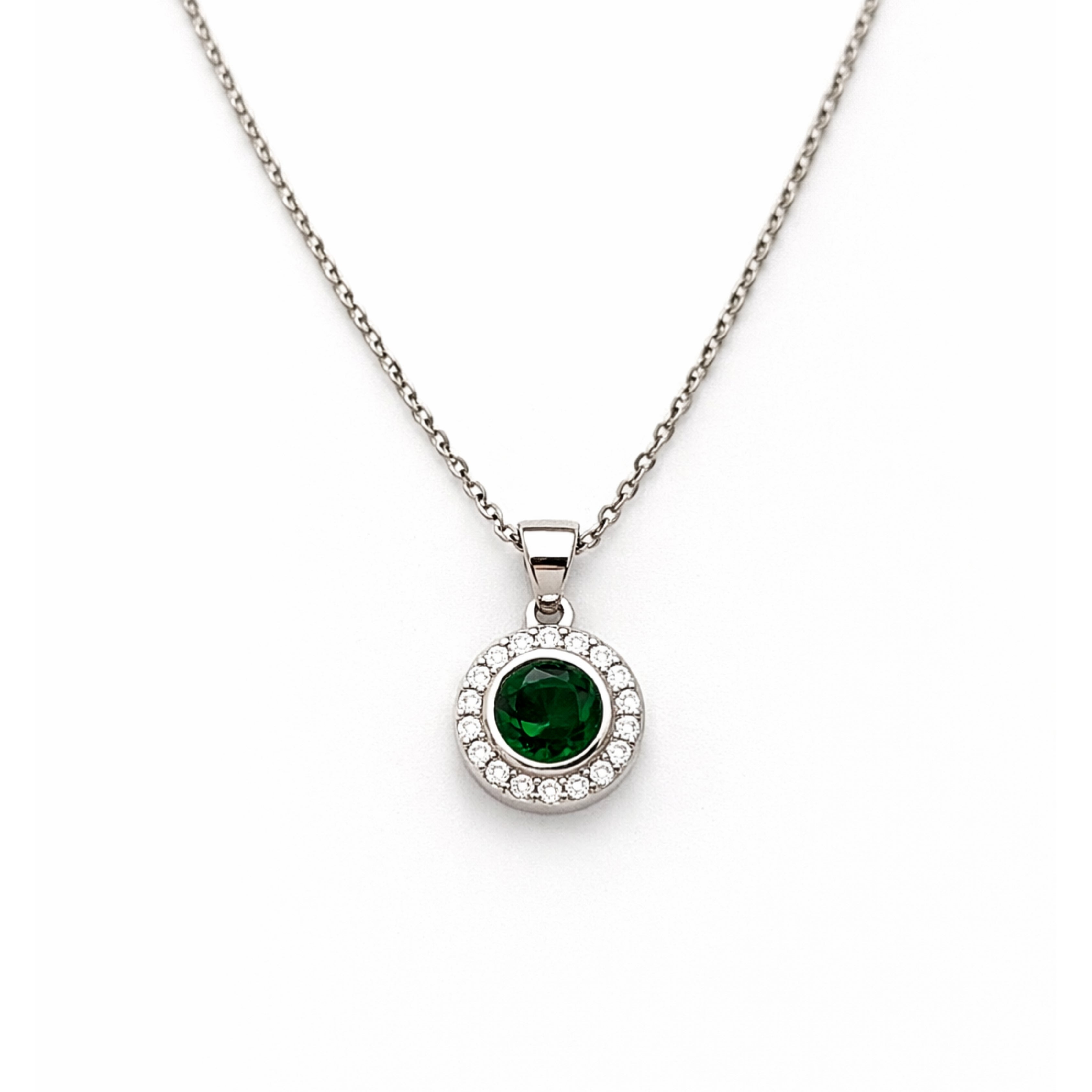 Silver Emerald & Zircon Round Pendant