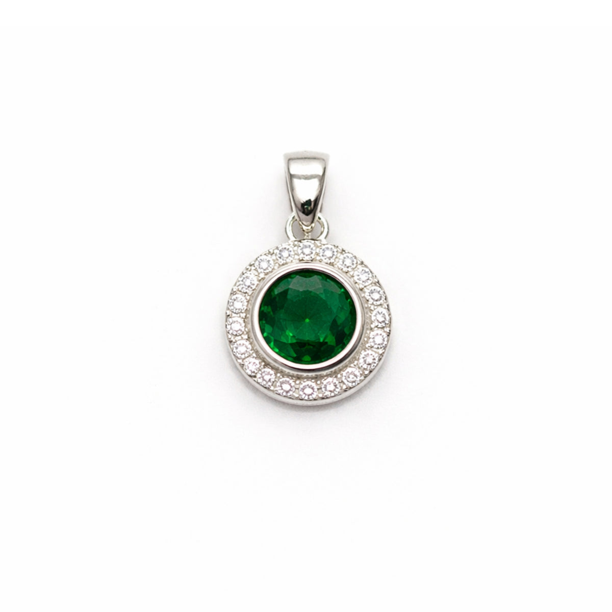 Silver Emerald & Zircon Round Pendant + Chain