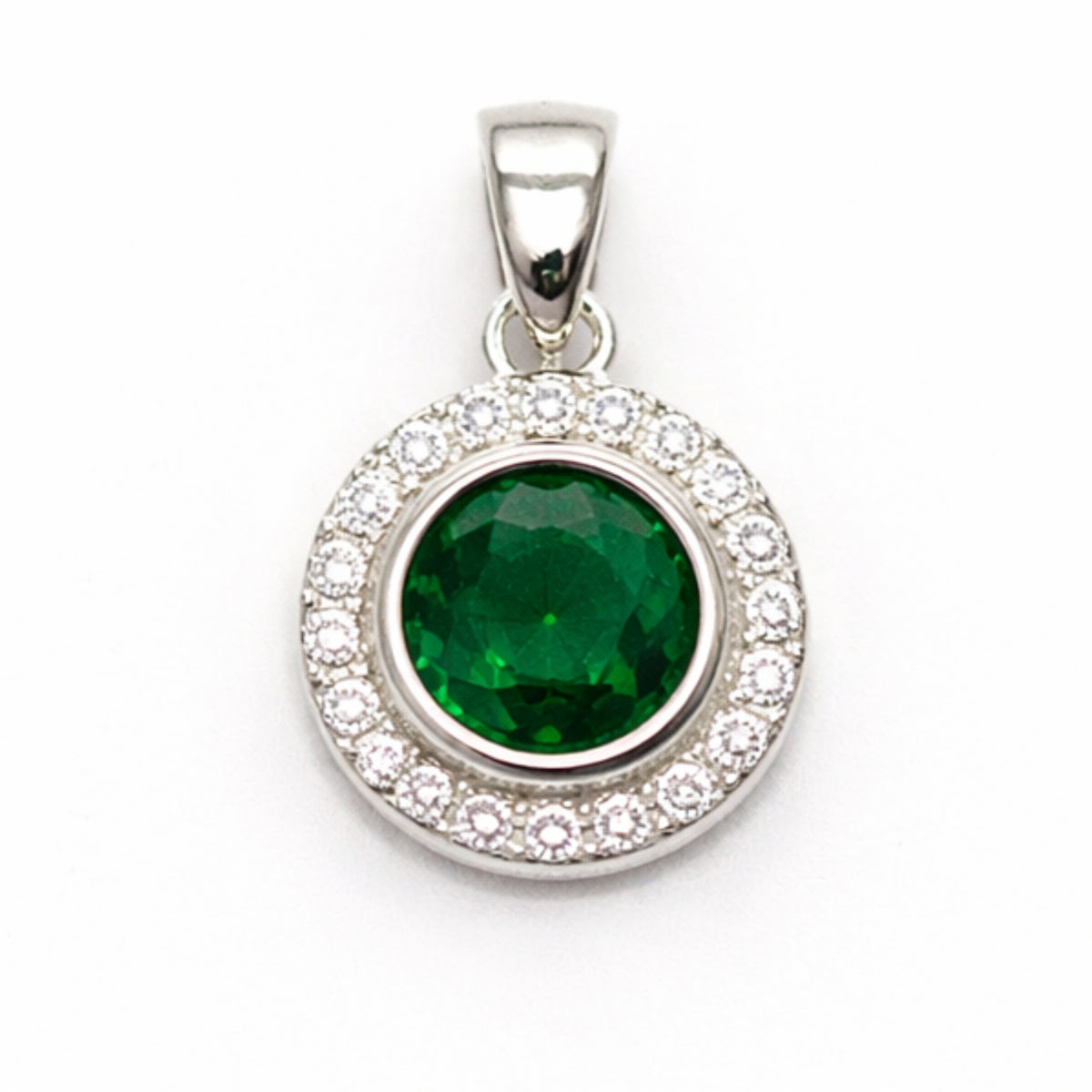 Silver Emerald & Zircon Round Pendant + Chain