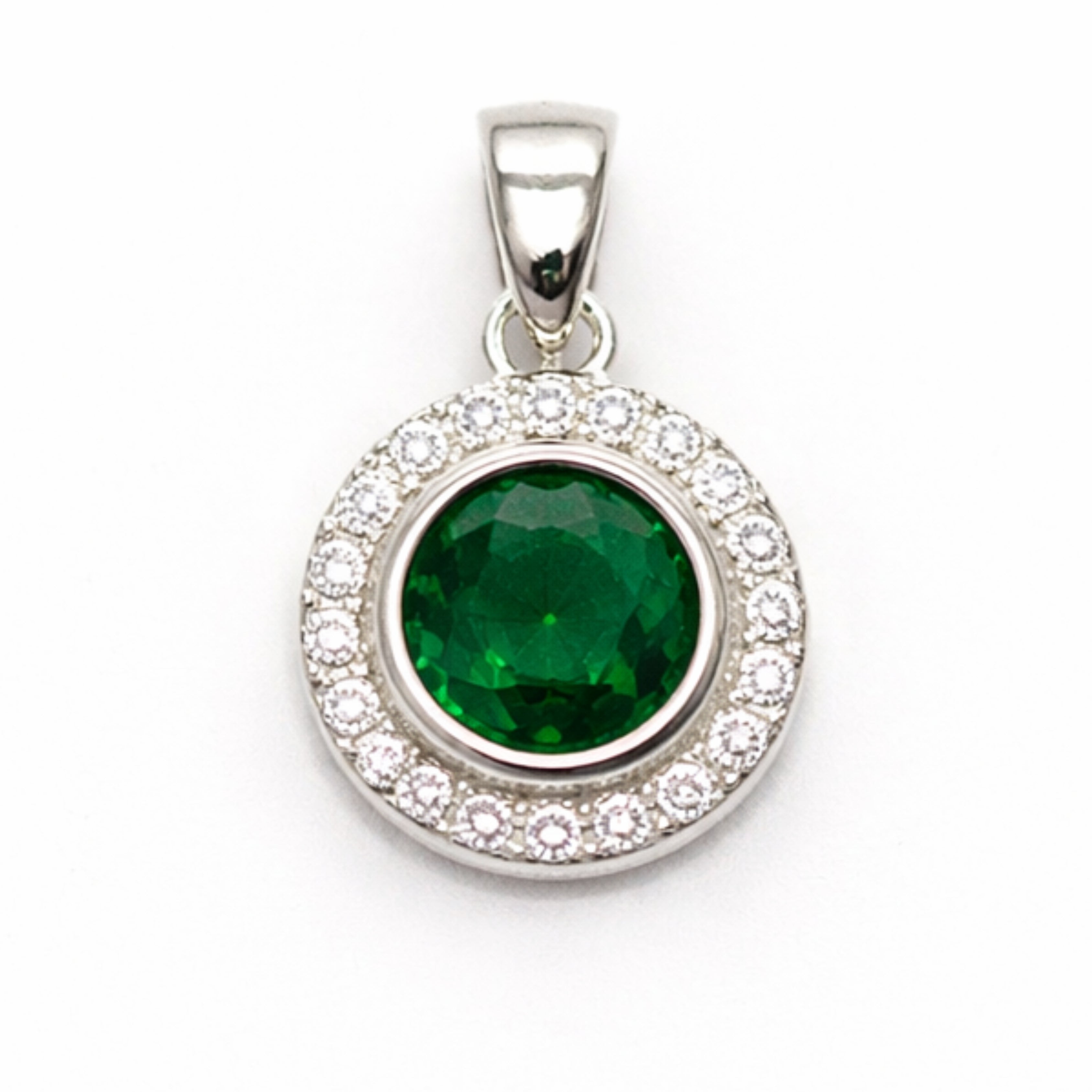 Silver Emerald & Zircon Round Pendant