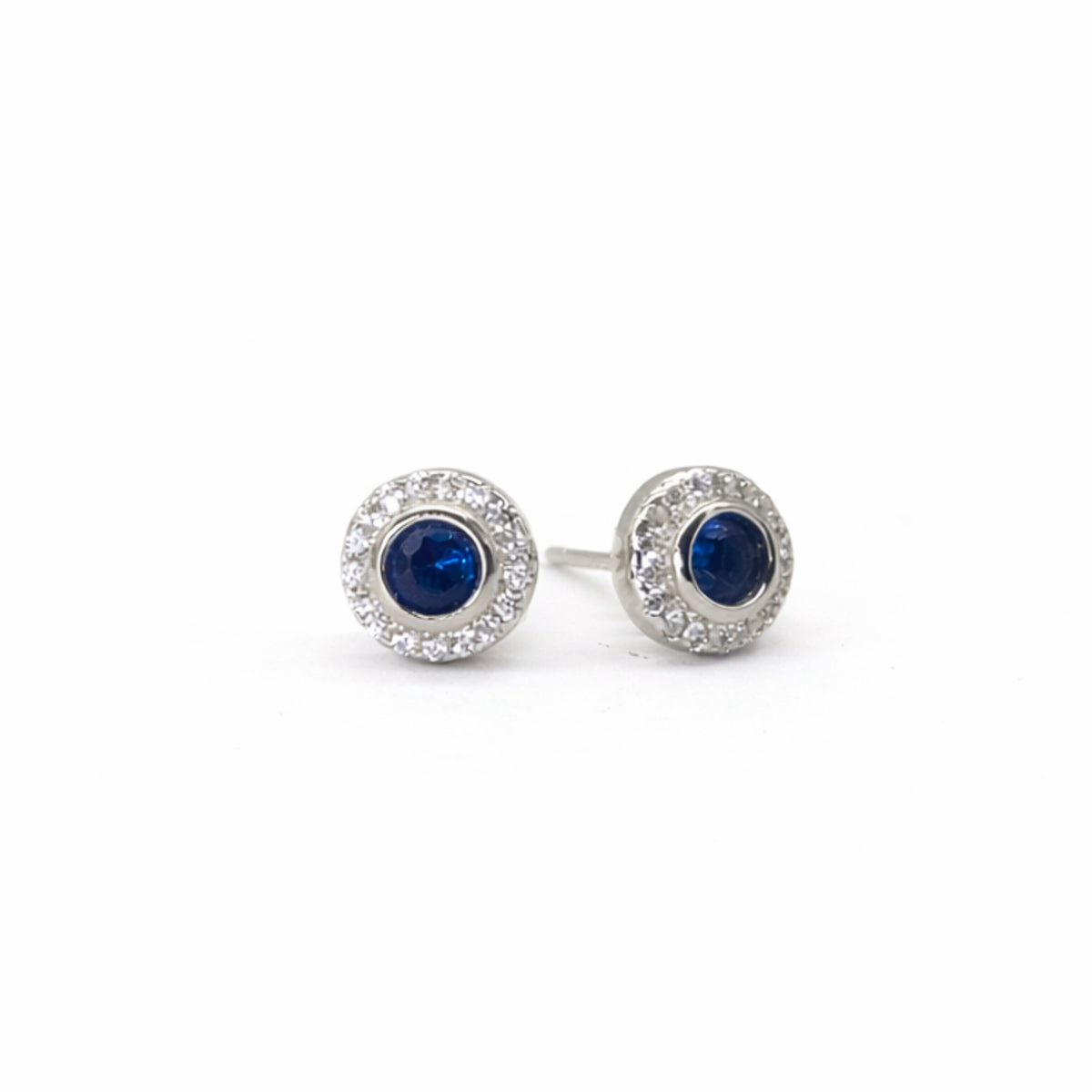 Silver Sapphire & Zircon Round Earrings