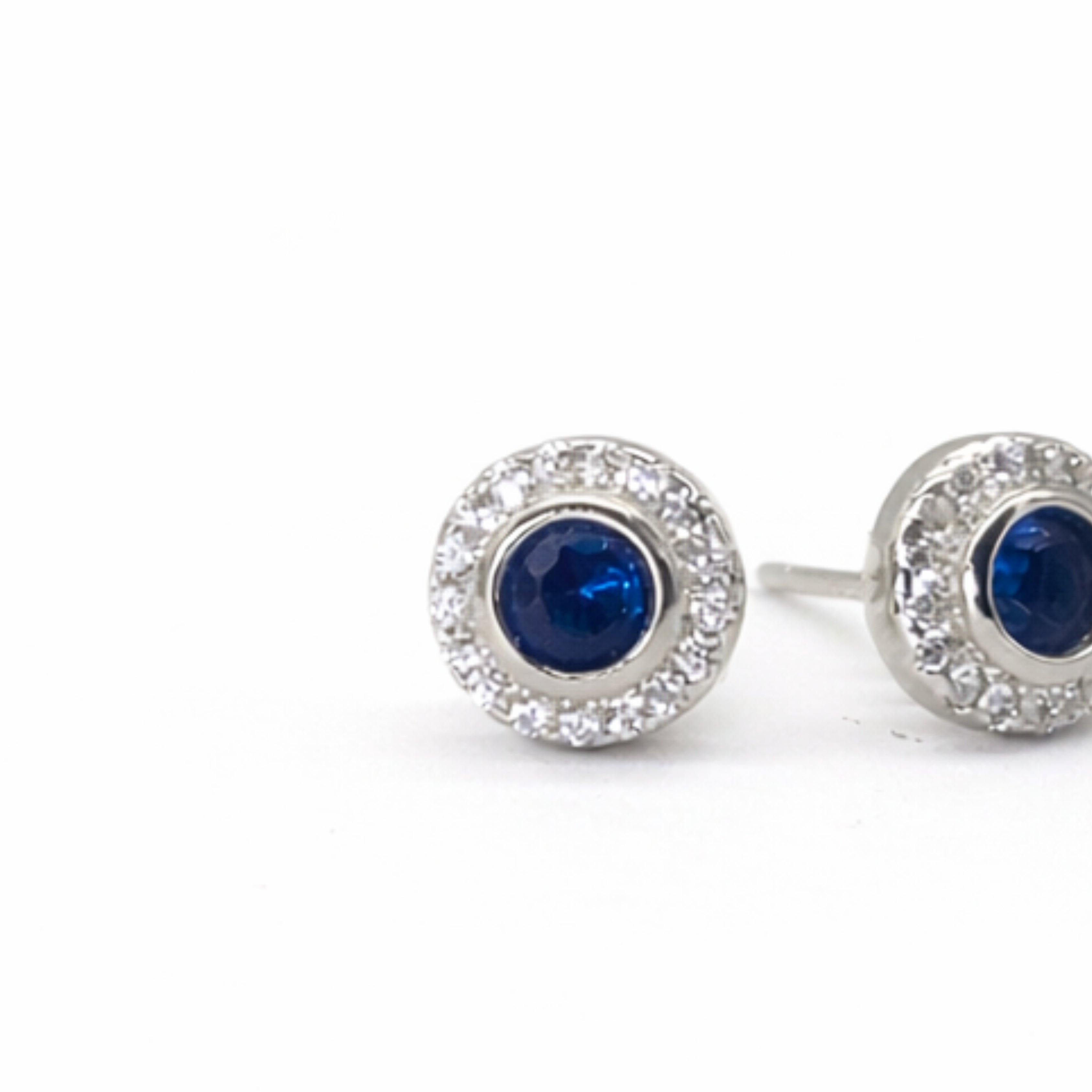 Silver Sapphire & Zircon Round Earrings