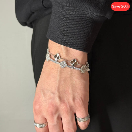 Bracelet de tennis en zircon et motif trèfle + Bracelet trèfle plaqué rhodium 