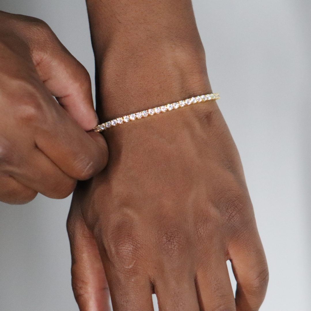 3mm Tennis Chain + Tennis Bracelet + Round Cut Earrings Yellow Gold Plated