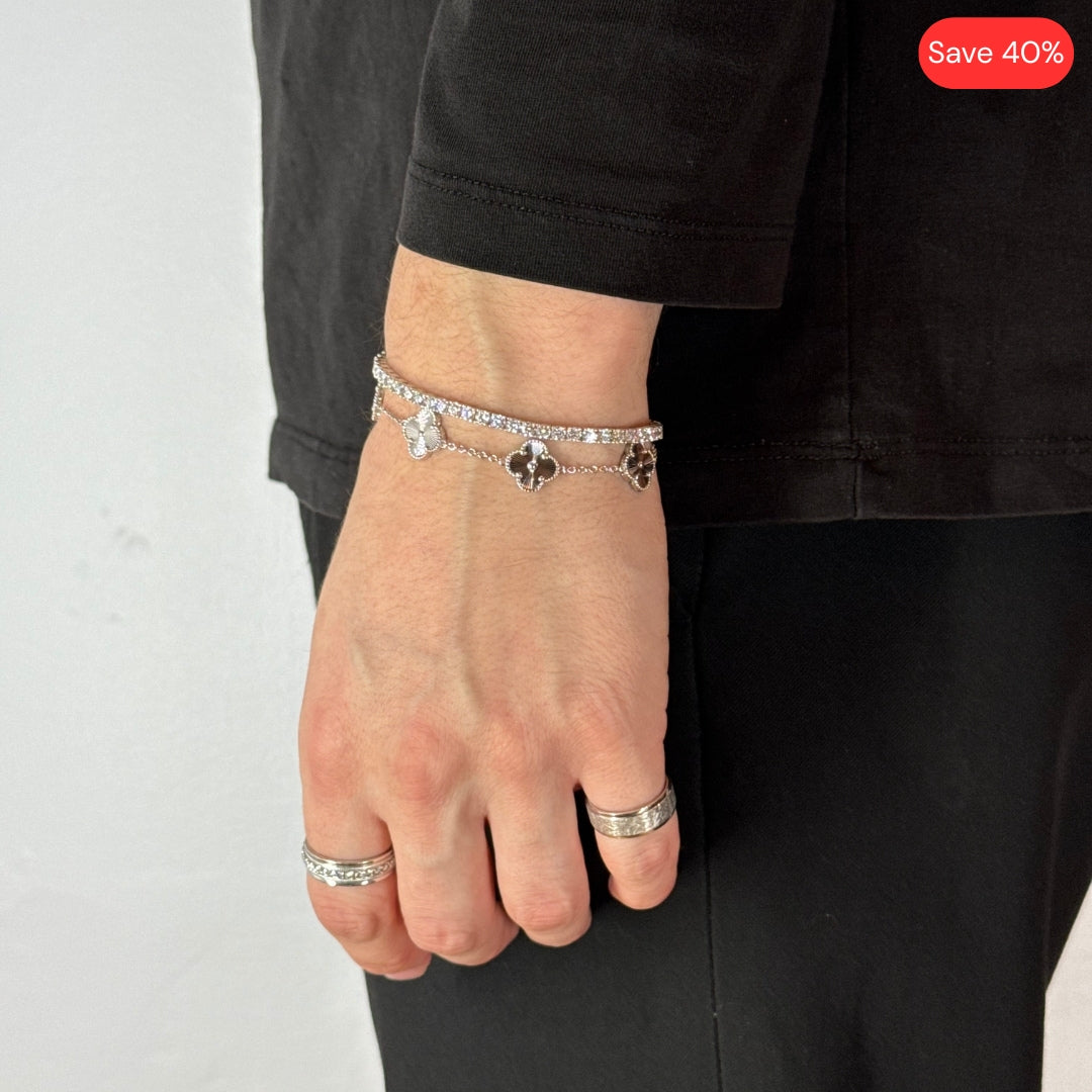 3mm Moissanite Tennis Bracelet + Clover Bracelet Rhodium Plated