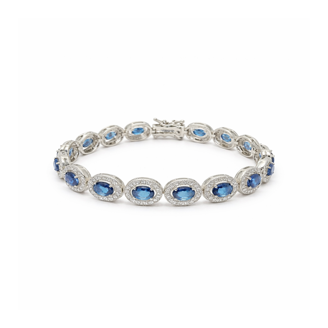 8mm Blue Sapphire & Zircon Oval Silver Bracelet