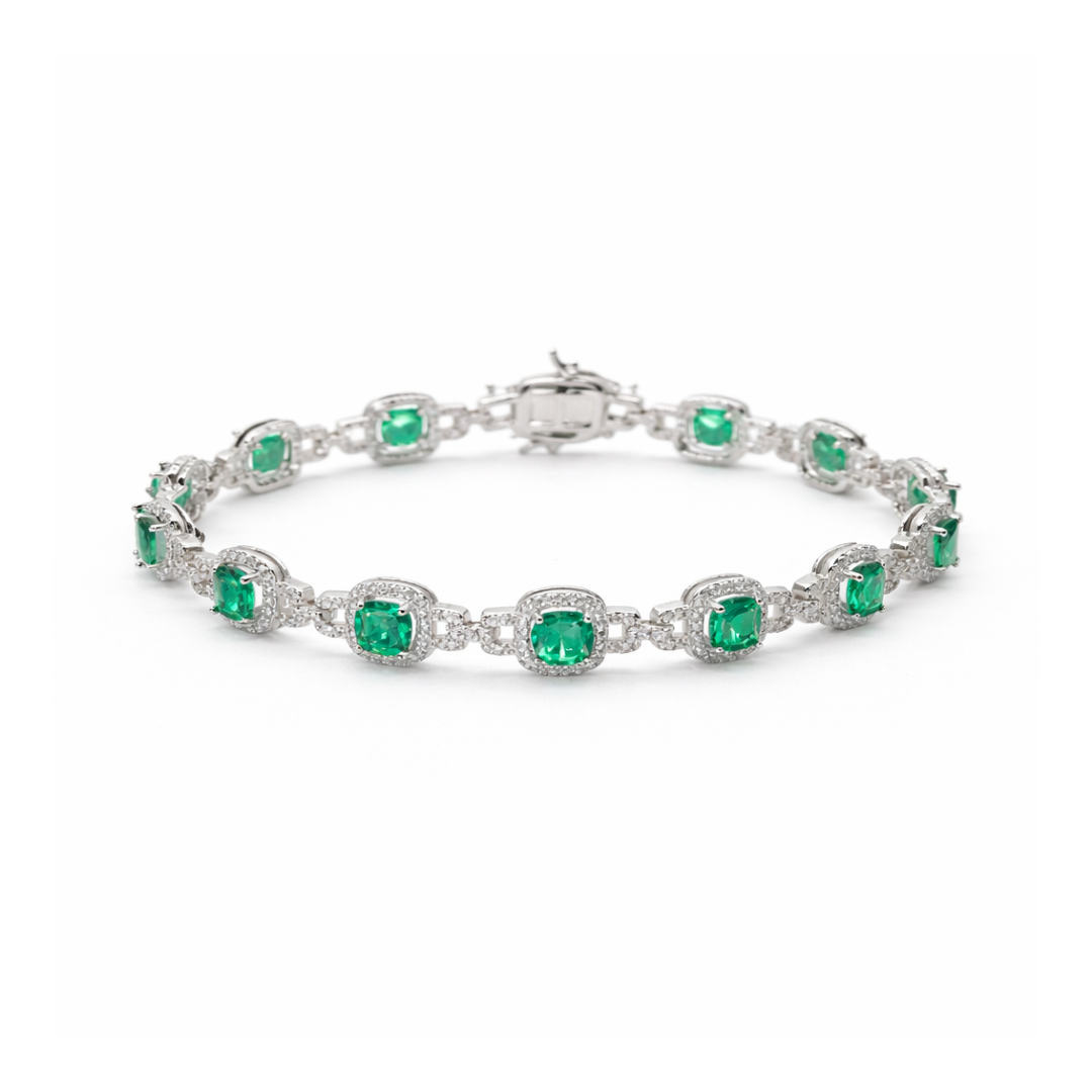 7mm Green Emerald & Zircon Silver Bracelet