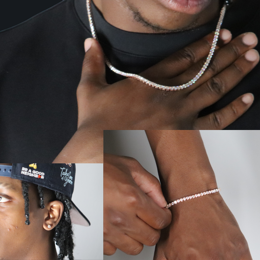 3mm Tennis Chain + Tennis Bracelet + Round Cut Earrings Rose Gold Plated
