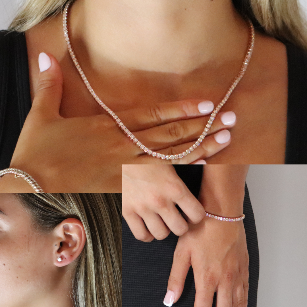 3mm Tennis Chain + Tennis Bracelet + Round Cut Earrings Rose Gold Plated
