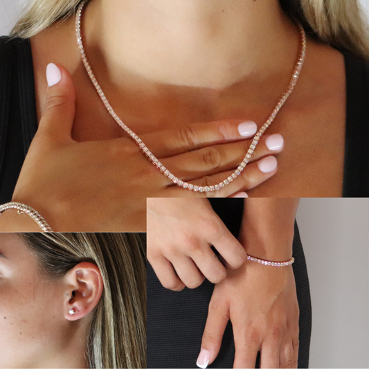 3mm Tennis Chain + Tennis Bracelet + Round Cut Earrings Rose Gold Plated