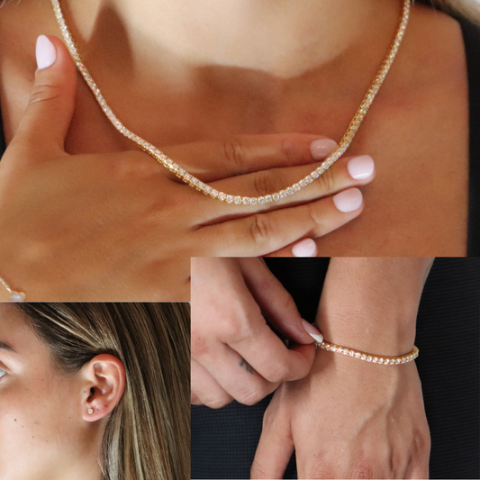 3mm Tennis Chain + Tennis Bracelet + Round Cut Earrings Yellow Gold Plated