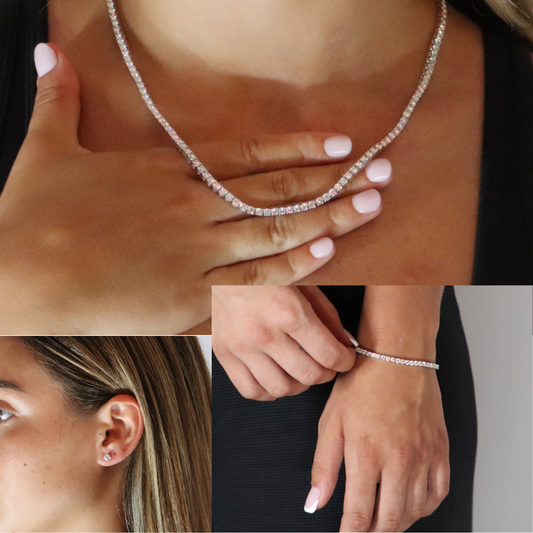 3mm Tennis Chain + Tennis Bracelet + Round Cut Earrings Rhodium Plated