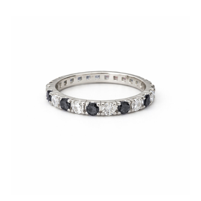 3mm Silver Zircon Black & White Tennis Bracelet + Silver Eternity Black & White Zircon Ring